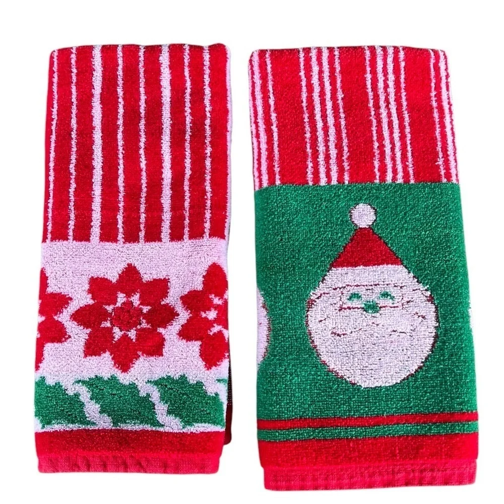 VTG Casa Fina by Saydah Christmas Holiday Hand Towels Santa Poinsettia Korea